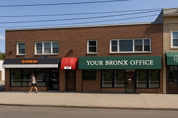 Exterior of one story brick building on street corner