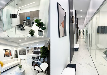 dental waiting room with white walls and furniture